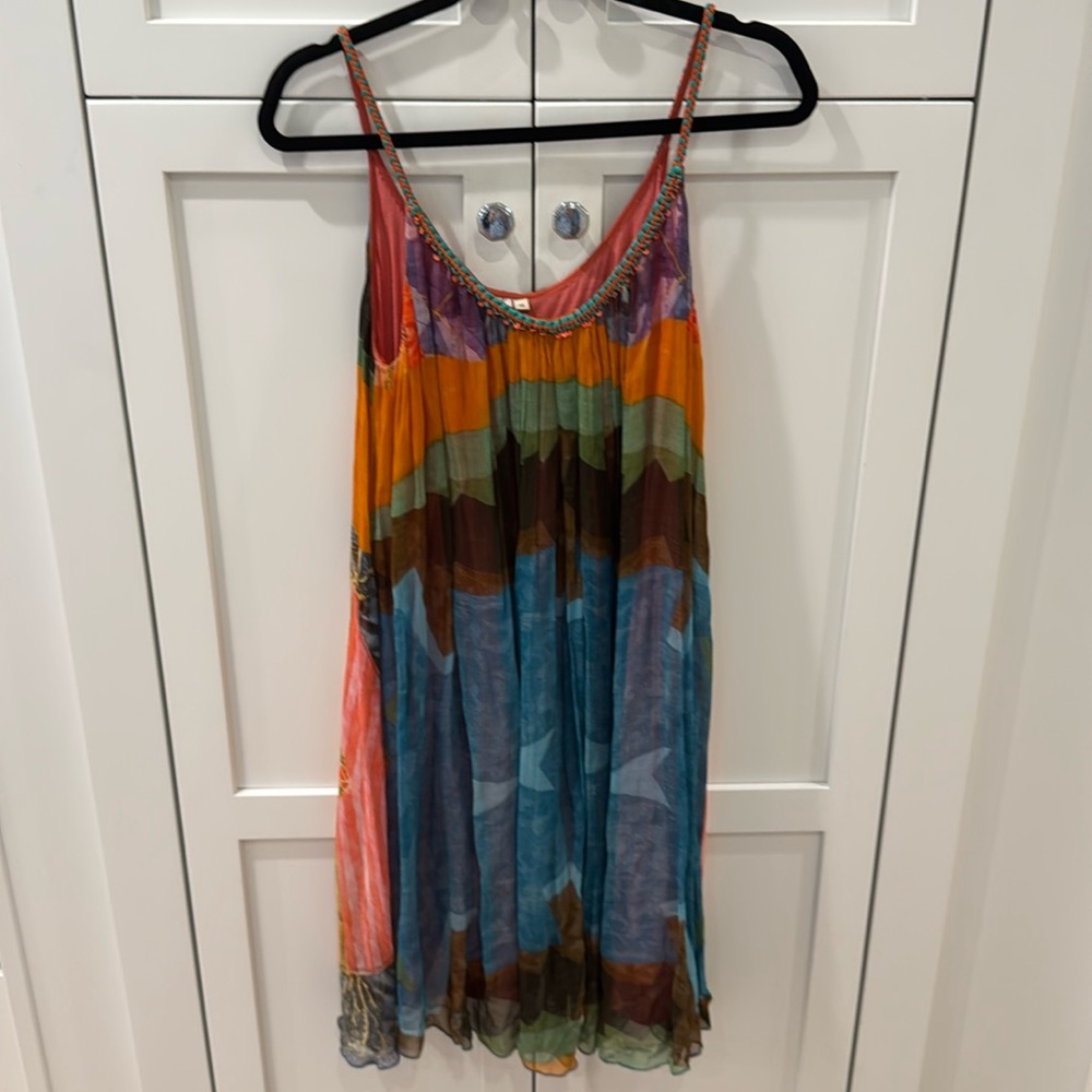 Anthropologie bl^nk London print swing dress M boho orange blue green earth tone